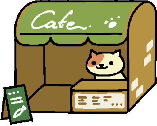 an image of peaches from neko atsume. they are sitting upright in a cardboard building which says cafe on it.