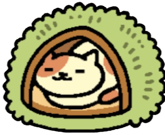 an image of peaches from neko atsume. they are sitting in a green hut which is stylized to look like a bush.