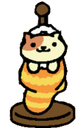 an image of peaches from neko atsume. they are in a yellow and orange striped sock hanging off a wooden hook.