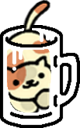 an image of peaches from neko atsume. they are in a large glass mug and are looking at the camera.