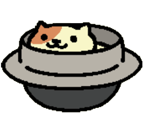 an image of peaches from neko atsume. they are in a grey and black pot with only their head sticking out of it.